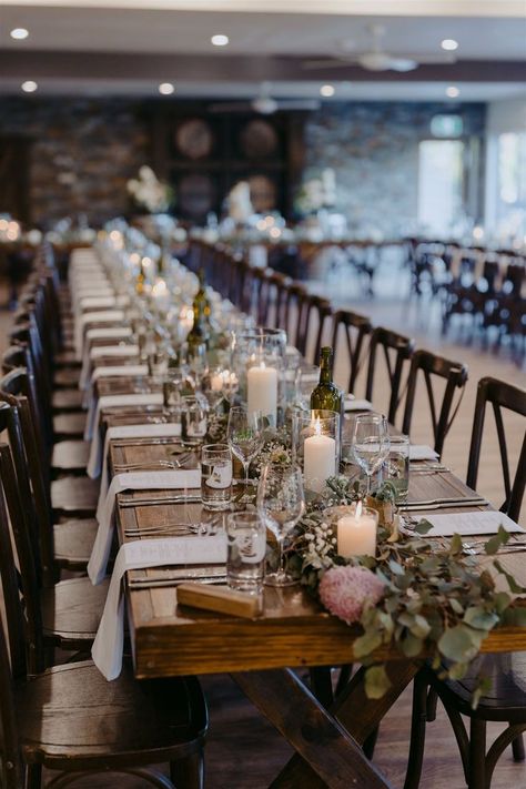 Dark Wood Wedding Tables, Dark Brown Table, Reception Table Settings, Candles Dark, Yarra Valley, Wedding Palette, Brown Table, Wedding Reception Tables, Black Chair