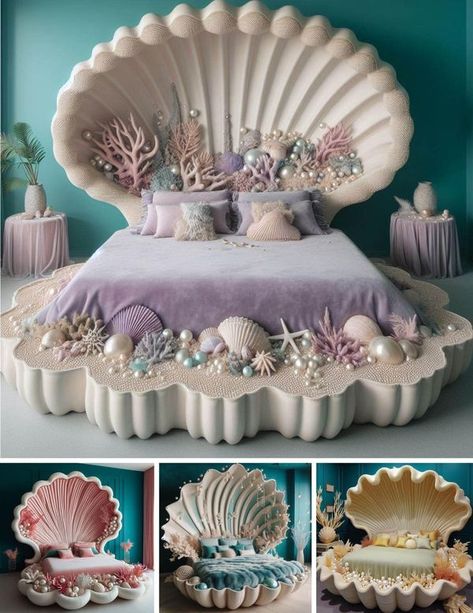 Shell Bed Frame, Pearl Mermaid Bed, Mermaid Closet, Seashell Bed, Mermaid Furniture, Seashell Concept Interior Design, Mermaid Bed, Shell Bed, Seashell Pillow Bed