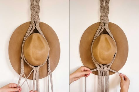 Baseball Hat Holder Diy, Diy Hat Macrame Hanger, Macrame Hat Holder Pattern Free, Crochet Cowboy Hat Holder, Macrame Hat Holders, How To Macrame Hat Holder, How To Make A Macrame Hat Holder, Free Macrame Hat Hanger Pattern, Macrame Hat Hanger Diy Pattern