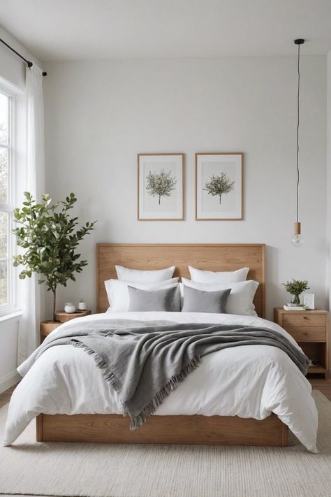 Bedroom Ideas Scandinavian Modern Simple, White Bedroom Wood Accents, Calm Master Bedrooms Decor, European Bedroom Ideas, White Bed Frame Bedroom Ideas, Scandanavian Interiors Bedroom, Boho Minimalist Bedroom, European Apartment, Modern White Bedroom