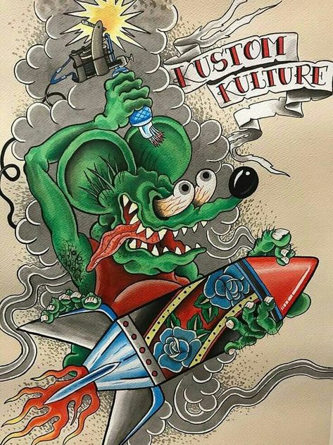 Rat Fink Drawing, Rat Fink Tattoo, Ratfink Art, Rat Fink Art, Madness Art, Ed Roth Art, Hot Rod Tattoo, Ed Roth, Kustom Kulture Art