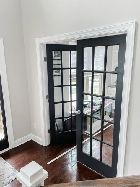 office door Glass Doors To Office, French Doors For Home Office, Office Doors Design, Black French Office Doors, Double Doors Office, Study Doors Home Office, French Doors On Office, Black Glass Office Doors, Home Office Doors Ideas