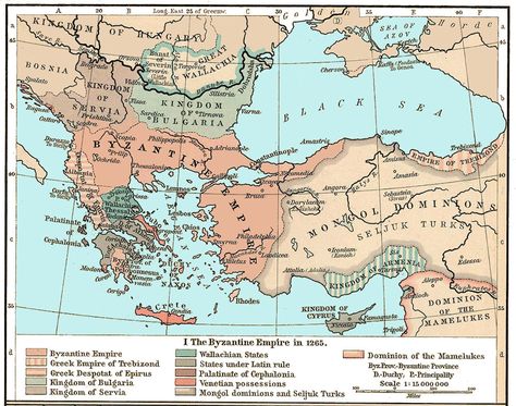 The Byzantine Empire in 1265 C.E. Ancient Greek Map, Byzantine Empire Map, The Byzantine Empire, Ottoman Turks, Empire Romain, The Roman Empire, Byzantine Empire, Old World Maps, Byzantine Art