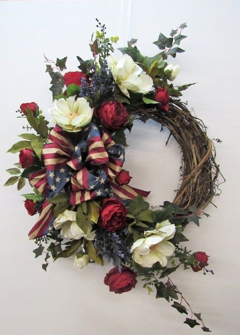 Folding Sweaters, Fancy Doors, Magnolia Wreaths, Patriotic Door Wreath, Floral Swags, Patriotic Wreaths, Floral Door Wreaths, Americana Wreath, July Wreath