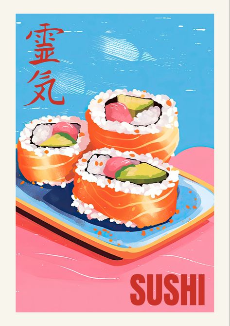 Sushi Wall Art, Sushi Aesthetic Art, Sushi Illustration Graphics, Sushi Graphic Design, Japan Food Poster, Sushi Poster Design, Illustration Art Food, Sushi Painting, Japanese Snacks Packaging