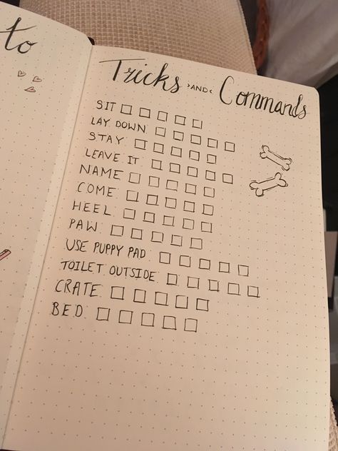 Puppy dog tricks and commands list bullet journal Dog Tricks List, Dog Diary Ideas, Dog Training Journal Ideas, Dog Journal, Dog Journal Ideas, Puppy Binder, Dog Training Journal, Dog Bujo Theme, Puppy Journal