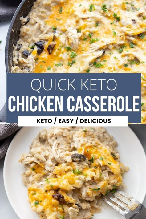 This easy keto casserole is made with shredded chicken, riced cauliflower, cheese and mushrooms. It is a one pan skillet meal that everyone will love! Keto Chicken Cauliflower Rice, Chicken And Riced Cauliflower, Chicken Cauliflower Rice Casserole, Chicken Cauliflower Rice, Kasey Trenum, Cauliflower Rice Casserole, Low Carb Chicken Casserole, Keto Chicken Casserole, Keto Main Dishes