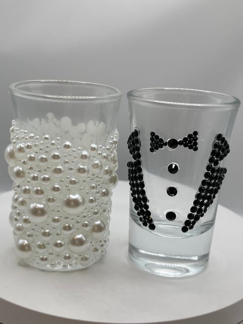 This shot glass was made with love! Wedding Cups Bride And Groom, Groom Shower Ideas Decorations, Wedding Glasses For Bride And Groom, Wedding Shots Alcohol, Alcohol Bottle Decorations, Pearl Bridal Shower, Wedding Shot Glasses, Bling Ideas, Wedding Wine Glasses