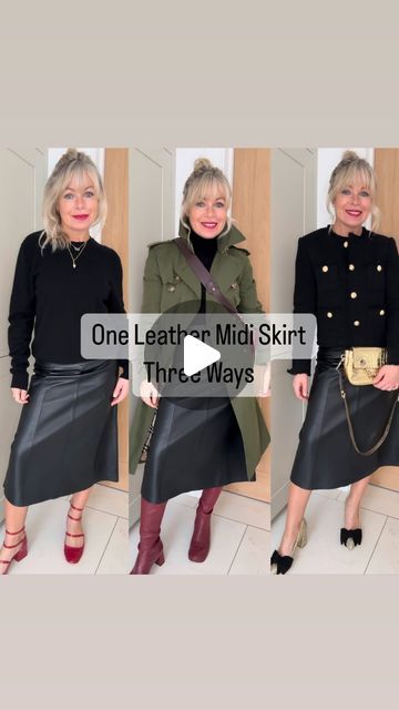 Fran Bacon on Instagram: "Leather midi skirt 3 ways 🖤🖤🖤🖤🖤 Outfit 1: Jumper @jumper_1_2_3_4 Skirt @cefinnstudio *gift Shoes @zara old season Bag @chanelofficial bought preloved from @vestiaireco Outfit 2: Jumper @zara Skirt @cefinnstudio Trench @burberry Boots @me_andem Bag @loewe bought preloved from @fellowsauctions Outfit 3: Jacket @mango Skirt @cefinnstudio Shoes @nickihoynecollection Bag @hillandfriends #styletips #styleinspiration #over40style" Midi Leather Skirt Outfit, Leather Midi Skirt Outfit, Midi Leather Skirt, Burberry Boots, Mango Skirts, Leather Skirt Outfit, Zara Skirt, Midi Skirt Outfit, Leather Midi Skirt