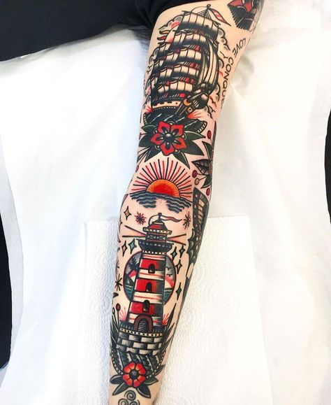 Imperishable classic - Dani Queipo | iNKPPL Old School Tattoo Sleeve, Nautical Tattoo Sleeve, Sailor Tattoos, Tattoos Traditional, Traditional Tattoo Inspiration, Traditional Style Tattoo, Lighthouse Tattoo, Traditional Tattoo Sleeve, Nautical Tattoo