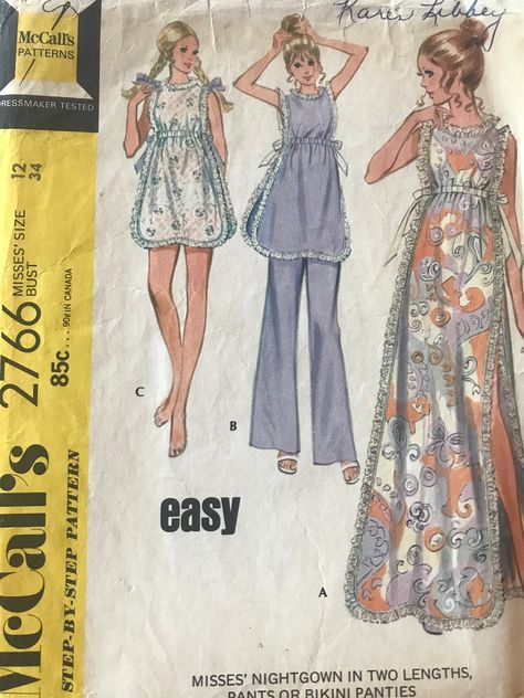 1970s Nightgown, Pajamas Pattern, 70s Sewing Patterns, Nightgown Pattern, Pajama Pattern, Sewing Lingerie, Vintage Dress Patterns, Vintage Nightgown, Mccalls Sewing Patterns