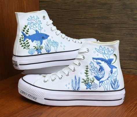 Custom Embroidered Converse High Tops/Custom Converse Chuck Taylor 1970s Shark Embroidered/ Ocean Vibes Embroidered/Birthday gift for son  💸 Price includes Converse Shoes and floral embroidery as shown 🌸 You can send me your Converse/Vans shoes or I can buy them for you. We stock all the Converse and Vans shoes you want, if you want other Converse/Vans shoes in the store, please message us. Your embroidered Converse/Vans shoes will be available for shipping in 7-15 days. 🌸 I started hand embr Embroidered Converse High Tops, Converse Haute, Cute Converse Shoes, Birthday Gift For Son, Chuck Taylor Shoes, Embroidered Converse, Cute Converse, Preppy Shoes, Narrow Shoes