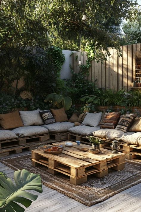 Create budget-friendly outdoor furniture with pallets! Perfect for a relaxed, rustic patio setup. #PalletProjects #OutdoorFurniture #DIYPatio Outdoor Palette Furniture, Palette Outdoor Furniture, Diy Yard Furniture, Furniture With Pallets, Natural Home Design, Pool Deck Furniture, Garden Couch, Pallette Ideas, Create Budget