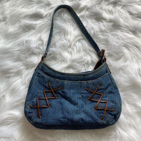 Y2K Xhilaration Jean Denim Shoulder Bag 🦋 
- faux... - Depop Bag From Jeans, Denim Shoulder Bag, Denim Shoulder Bags, Leather Lace, Leather And Lace, Inside Pocket, Denim Jeans, Faux Leather, Lace Up