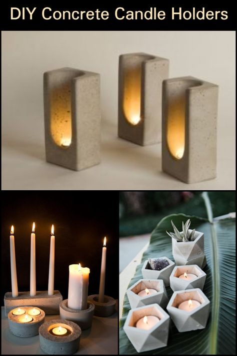 Place these concrete candle holders in your backyard, porch, or patio and light them up at night for a beautiful glow. Concrete Crafts Candle Holders, Easy Concrete Crafts, Cement All Projects, Concrete Tealight Holder, Concrete Casting Ideas, Diy Concrete Decor Ideas, How To Make A Candle Holder, Cement Art Concrete Projects, Cement Crafts Concrete Projects