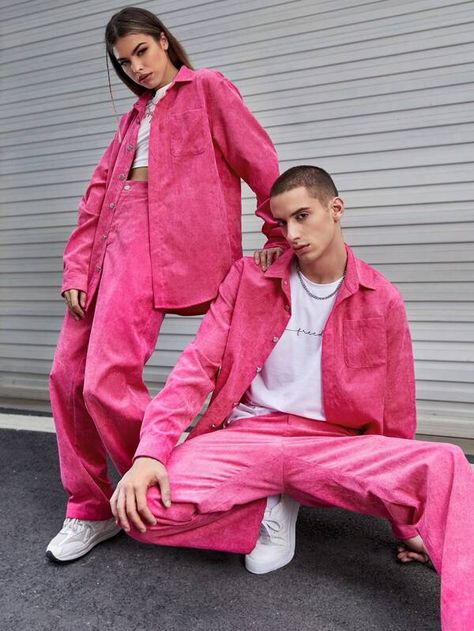 Pink Clothes Men, Sweatpants Photoshoot, Hot Pink Outfit, Pink Loungewear, Mens Aesthetic, Streetwear Fashion Men, Hot Pink Shirt, Sparkly Outfits, Fall Shoot