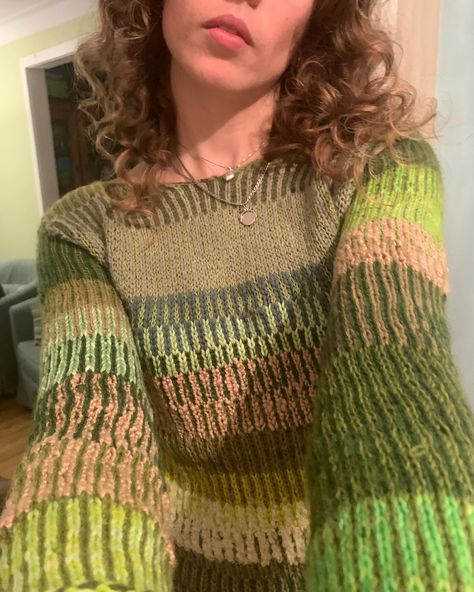 finally wrapping up a project i started in april! worked bottom up, it was a great way to use up a bunch of green scraps from a bunch of different projects, including my final from last semester from my print and dye class. got stuck knitting the sleeves for what felt like forever, but at least it’s done in time for fall sweater weather:) yarn is a healthy mix of cotton and wool. largely scraps that we’re all hand dyed by me. dyed naturally with buckthorn, or synthetically with food colourin... Scrap Yarn Knitting, Scrap Yarn Sweater, Green Stripe Sweater, Healthy Mix, Scrap Yarn, Yarn Sweater, Fall Sweater, Fall Sweaters, Knitting Inspiration