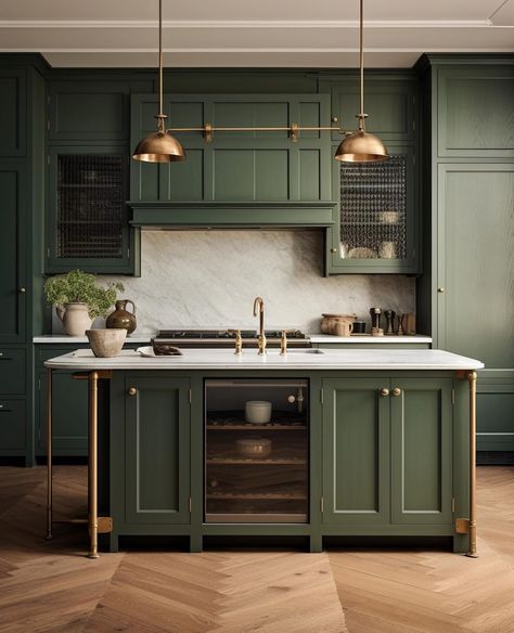 Dark Green Kitchen Cabinets With White Countertops, Olive Color Kitchen, Color Kitchen Cabinets, Modern Kitchen Design Trends, Modern Classic Kitchen, Dark Green Kitchen, Green Kitchen Cabinets, Kitchen Design Plans, Kitchen Design Trends