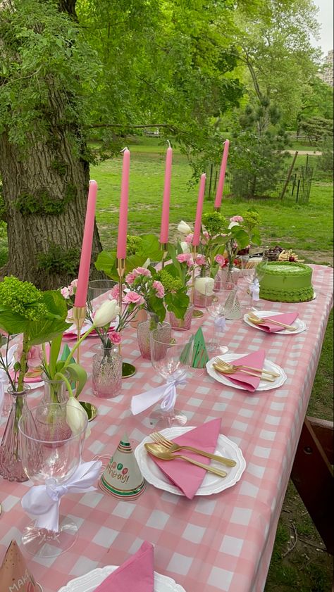 Pink and green picnic table for birthday party vibe Pink Plaid Table Setting, Pink Picnic Table Cloth, Park Party Table Set Up, Pink And Green Pool Party, Pink Gingham Tablescape, Pink Spring Party, Pink Picnic Birthday, Pink Picnic Aesthetic Birthday, Vintage Picnic Birthday Party