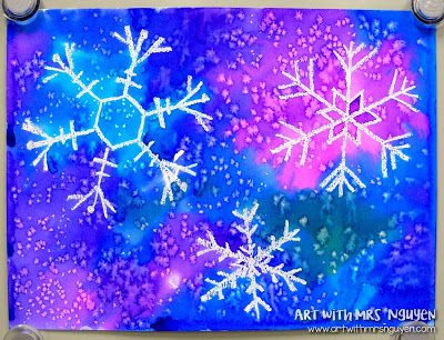 Watercolor Snowflakes 2.0 (3rd) Salt And Watercolor Snowflakes, Water Colour Salt Painting, Crayon Resist Watercolor, Snowflake Activity, Snowflakes For Kids, Watercolor Snowflakes, Resist Art, Color Art Lessons, Watercolor Resist