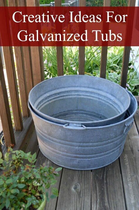 Galvanized tubs are all the rage. They come in many shapes and sizes and old or new, they can add a rustic farmhouse, old fashioned flair to your home and garden. How can you use galvanized tubs? Check out these super creative ideas. Galvanized Tub, Metal Tub, Galvanized Buckets, Tub Ideas, Wash Tubs, Garden Containers, Diy Backdrop, Garden Yard, Art Sculptures