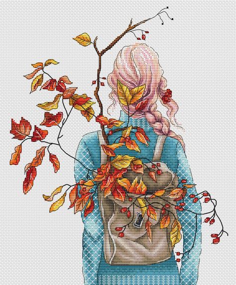 Cross Stitch Leaf, Leaves Cross Stitch, Autumn Cross Stitch, Autumn Cross Stitch Patterns, Stitch Backpack, Fantasy Cross Stitch, Needlepoint Patterns, Silk Ribbon Embroidery, Back Stitch