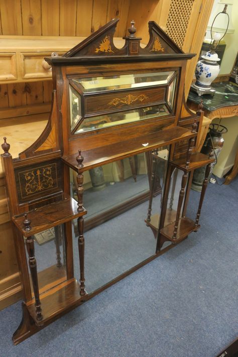 AN EDWARDIAN ROSEWOOD AND MARQUETRY INLAID OVERMANTLE MIRROR, the broken arched pediment centred Edwardian Bathroom Mirror, Edwardian Mirror, Edwardian Mirror Fireplace, Antique Mirror With Rosettes, Inlaid Furniture, Edwardian Fireplace Mirror, Laurel Park, Pier Mirror Antique, Wash Room