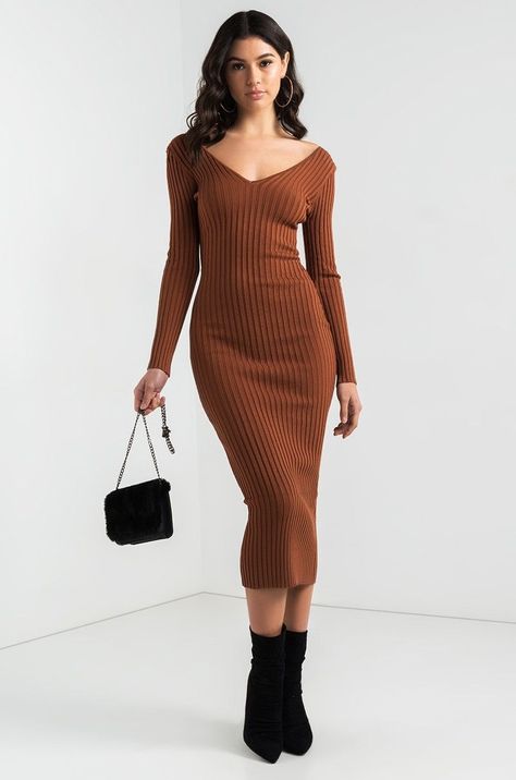 Brown Dresses Outfit, Brown Bodycon Dress, Ribbed Knit Bodycon Dress, Brown Sweater Dress, Body Con Dress Outfit, Sweater Dress Outfit, Stylish Fall Outfits, Winter Dress Outfits, Women Bodycon Dress