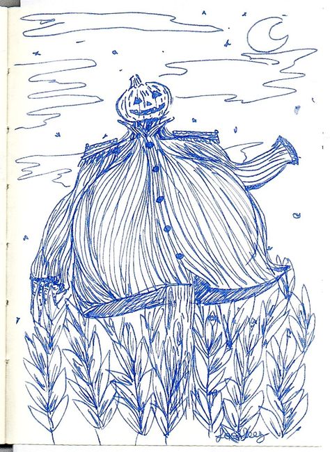 Blue ink drawing of a scarecrow with a pumpkin head in the middle of a corn field. Scarecrow Sketch, Scarecrow Drawing, Its Corn, Maze Drawing, Scarecrow Face, Man Drawing, Inktober 2024, Creeped Out, Corn Maze