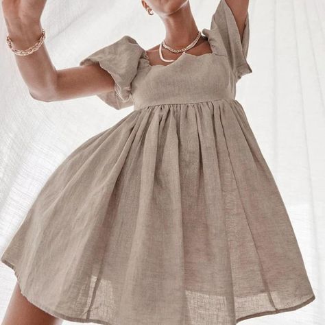 Classic Summer Dresses, Empire Pattern, Linen Mini Dress, Mini Robes, Short Dresses Casual, Khaki Dress, Loose Outfit, Mini Dress Casual, Puffed Sleeves Dress