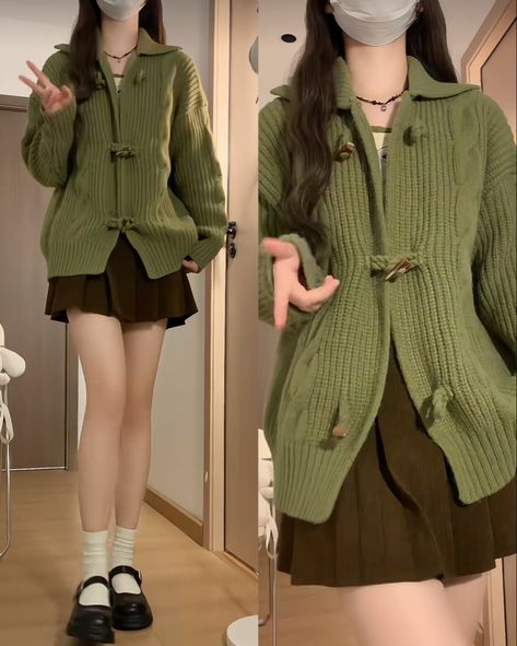 Green Cute Outfits Korean, Green Coquette Outfit, Green Outfit Korean, Matcha Outfit, Korean Fashion Green, Cute Outfits Korean, Causal Outfits, Casual Day Outfits, Ulzzang Fashion