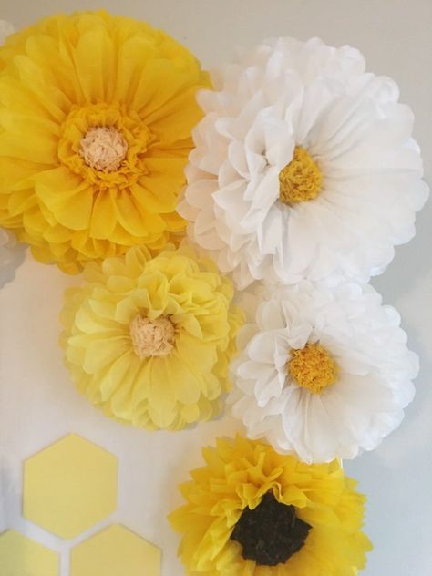 Giant yellow white and sunflower paper flower set beautiful | Etsy Hall Themes, Yellow Gerbera Daisy, Yellow Gerbera, Sunflower Paper, Bee Theme Party, Paper Sunflowers, 34th Birthday, Flowers Paper, Paper Flower Backdrop