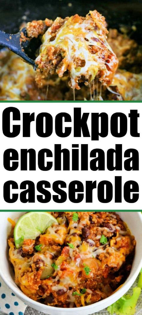 Cheesy Crockpot enchilada casserole is comfort food times 1,000! Packed with ground beef, tomatoes and more the flavors are great for dinner. Slow Cooker Enchilada Casserole, Crockpot Enchilada Casserole, November Dinner, Enchiladas Crockpot, Ground Beef Crockpot Recipes, Crockpot Recipes Mexican, Easy Casseroles, Slow Cooker Enchiladas, Ground Beef Enchiladas