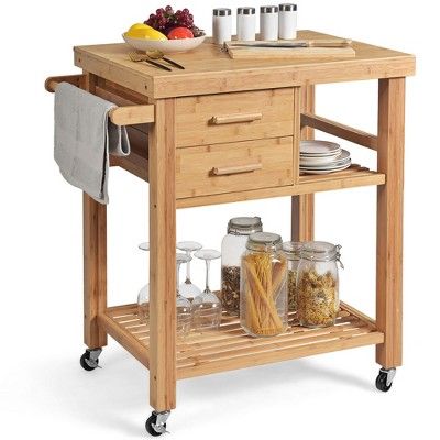 Kitchen Trolley Cart, Kitchen Island Trolley, Butcher Block Table, Rolling Kitchen Cart, Bamboo Kitchen, Island Cart, Sliding Drawers, Rolling Kitchen Island, Kitchen Island Cart