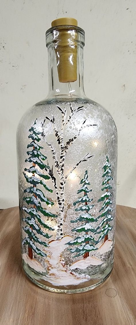 Glass Bottle, Lights, Hand Painted, Spring, Flowers, Cardinal, Sunflowers, Winter Forest, Water, Boat, Summer Flowers, Lights, Decor, Fairy - Etsy Painting On Wine Bottles, Modge Podge Glass, Glass Bottle Lights, Christmas Wine Bottle Crafts Diy, Liquor Bottle Lights, Bottle Art Projects, Blue Wine Bottles, Boat Summer, Painted Glass Bottles