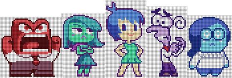 pixelized inside out characters for perler beads, knitting, crocheting, or cross stitching! :D Perler Beads Cartoon Characters, Cosmo And Wanda Perler Beads, Pixar Pixel Art, Pixel Art Cartoon Characters, Cartoon Perler Beads, Pixel Art Inside Out, Inside Out Perler Bead Patterns, Inside Out Perler Beads, Inside Out Cross Stitch