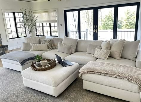 Sofa With Large Ottoman, Two Chase Couch, Sectional With Two Chaise Lounges, Large Sectional Sofa Farmhouse, Costco Couch Living Room, Huge Couch Living Room, Family Room Couches Cozy Sofas, Sectional Sofa With Ottoman, Maximize Living Room Seating