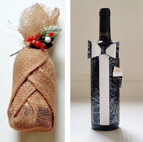 Easy Wine Bottle Gift Wrapping, Wrapping Whiskey Bottle, Creative Wine Bottle Wrapping, Wrap A Bottle Gift, How To Gift Wrap A Bottle, How To Wrap A Bottle Of Liquor, How To Wrap A Bottle, How To Wrap A Wine Bottle Gift, Wine Bottle Wrapping Ideas