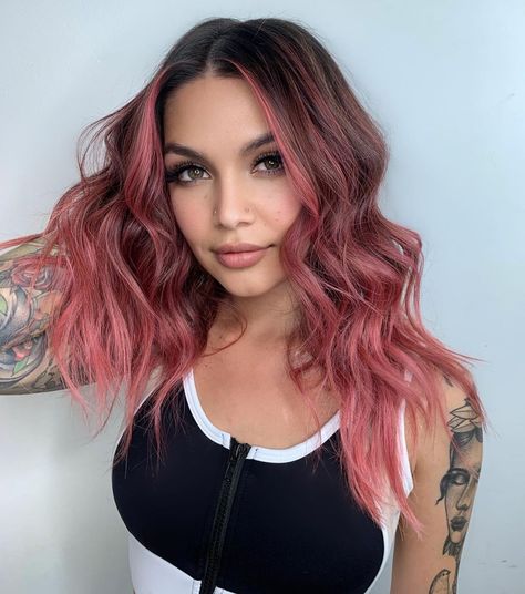 Beautiful Balayage Hair, Work Appropriate Pink Hair, Dusty Rose Brown Hair, Rooted Pink Hair, Rose Pink Balayage, Bronde Balayage With Pink, Pink To Red Ombre Hair, Lived In Pink Hair, Pink Lob Hair