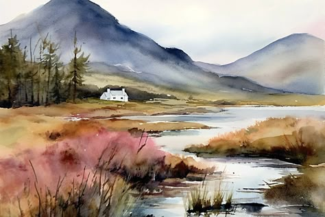 Scottish Borders Painting Scotland Art Print Landscape Heather Field Watercolor Scottish Highlands Wall Art Farmhouse Wall Decor - Etsy Scottish Cottage, Field Watercolor, Scottish Cottages, Scotland Art, Lake Artwork, Sky Watercolor, Scottish Mountains, Scotland Landscape, Cottage Painting