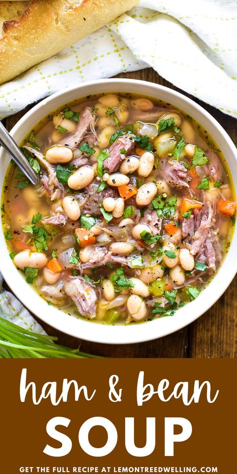 Classic Ham & Bean Soup is hearty, flavorful, and so easy to make. This recipe is loaded with fresh vegetables, pulled ham, and Great Northern beans for a deliciously comforting combination that's ready in 30 minutes or less! Ham And Beans Soup Crockpot Recipes, Basic Ham And Bean Soup, Ham Bean Soup Stove Top, Ham And Great Northern Bean Soup Recipes, Keto Ham And Bean Soup, Green Bean And Ham Soup, Black Eyed Pea And Ham Soup, Ham And Vegetable Soup Recipes, Ham And String Bean Soup