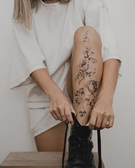 Floral Shin Tattoos For Women, Tattoo Tibia, Shin Tattoos For Women, Shin Tattoos, Tattoo Ideas 2022, Creativity Tattoo, Black White Tattoo, Leg Tats, Lower Leg Tattoos