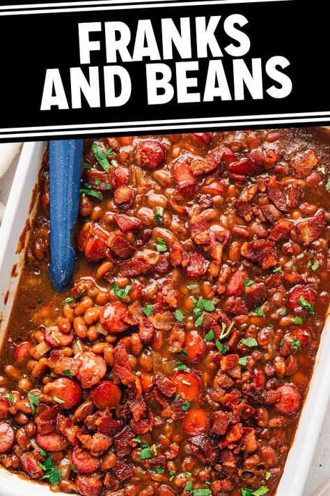 Franks and Beans are perfect for a family picnic or an easy dinner. Made with smokey bacon, onions, caramelized hot dogs and baked beans. Franks And Beans, Hot Dogs And Beans, Turkey Recipes Thanksgiving, Cooking White Rice, Fourth Of July Food, Thanksgiving Side Dishes, Baked Beans, Food Reviews, Mediterranean Recipes