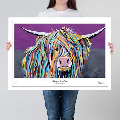 Angus is the youngest coo in Harris and Nan’s herd. He’s bright, he’s quick and he has grand plans. Angus definitely has his eye on his own horizon.  #Artist #Scottish #WallArt #ModernArt #Art #Inspiration #Painting #Artists #Famous #StevenBrown #Artwork #McCoo #Highlandcow #Highlandcowart #highlandcowpainting #Highland #Cow Steven Brown, Steven Brown Art, Brown Artwork, Cow Art Print, Highland Cow Art, Inspiration Painting, Wooden Prints, Mobile Boutique, Brown Art