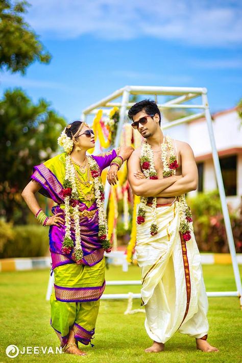 Stunning Lime Green and Purple Nine Yard Madisar Saree Brahmin Wedding Photography, Madisar Saree Iyer, Madisar Saree, Indian Matrimony, Marriage Poses, शादी की तस्वीरें, Online Marriage, Matrimonial Sites, Indian Wedding Poses