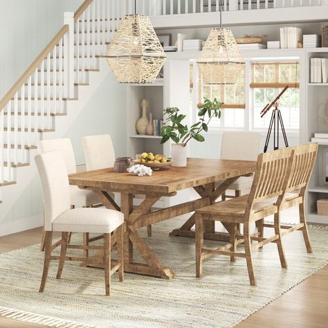 Sand & Stable Averie 6 - Piece Extendable Pine Trestle Dining Set & Reviews | Wayfair Double Pedestal Dining Table, Solid Wood Dining Set, Counter Height Dining Sets, Acme Furniture, Pedestal Dining Table, City Furniture, Grey Oak, Oak Finish, Upholstered Dining Chairs