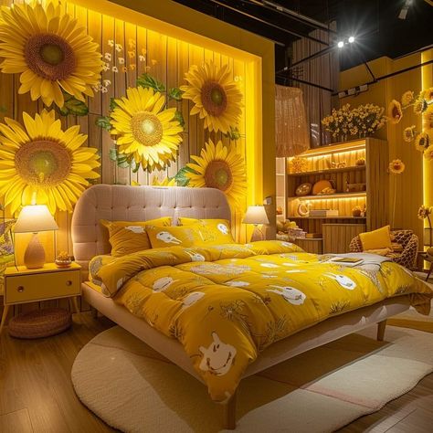 Sunflower Bedroom, Colourful Bedroom, Sunflower Room, Orange Rooms, Theme Bedroom, Built In Shelves Living Room, Modern Small House Design, Yellow Room, Colour Theme