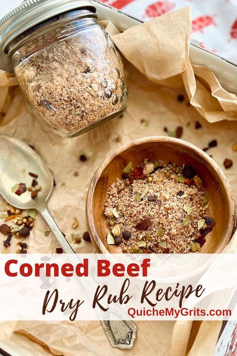 A container of dry rub next to a spoon. Corned Beef Brine Recipe, Dutch Oven Corned Beef, Brisket Rub Recipe, Steak On The Grill, Beef Rub, Corned Beef Recipe, Homemade Corned Beef, Tender Brisket, Herb Blends