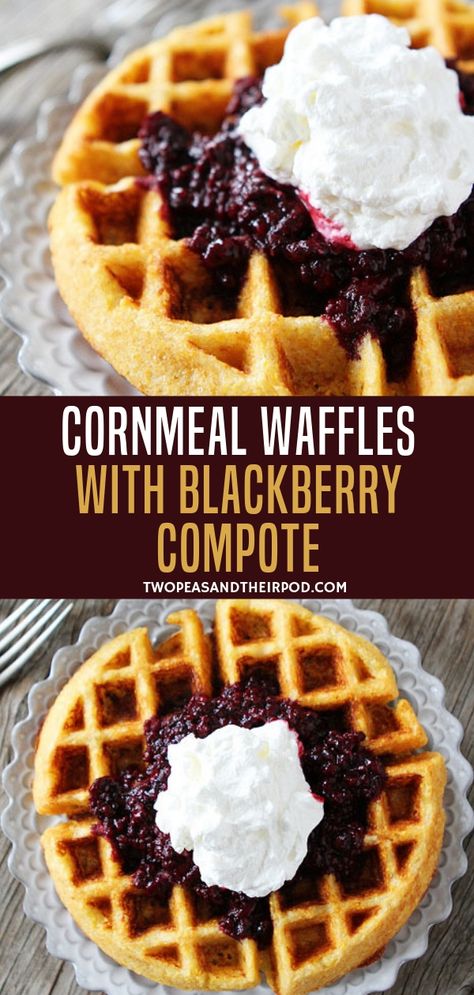 Cornmeal Waffles Recipe, Belgium Waffle Recipe, Blackberry Breakfast, Cornmeal Waffles, Cornmeal Recipes, Blackberry Compote, Bacon Waffles, Healthy Waffles, Crepes And Waffles