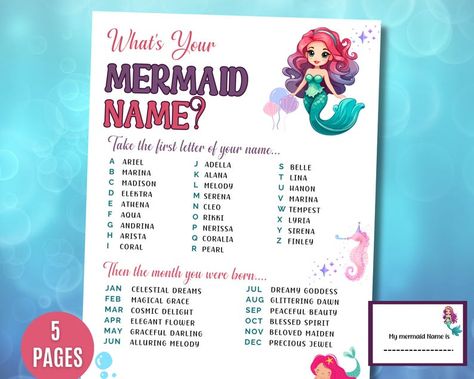 What's Your Mermaid Name Game, SIGN + NAME TAGS, Mermaid Birthday Party, Birthday, Classroom, Baby Shower, Slumber, Ice Breaker Party Games Baby Shower Ice Breaker Games, Mermaid Birthday Party Games, Your Mermaid Name, Birthday Classroom, Bookmarks Coloring, Mermaid Names, Birthday Party Games For Kids, Playing With Friends, Party Games For Kids